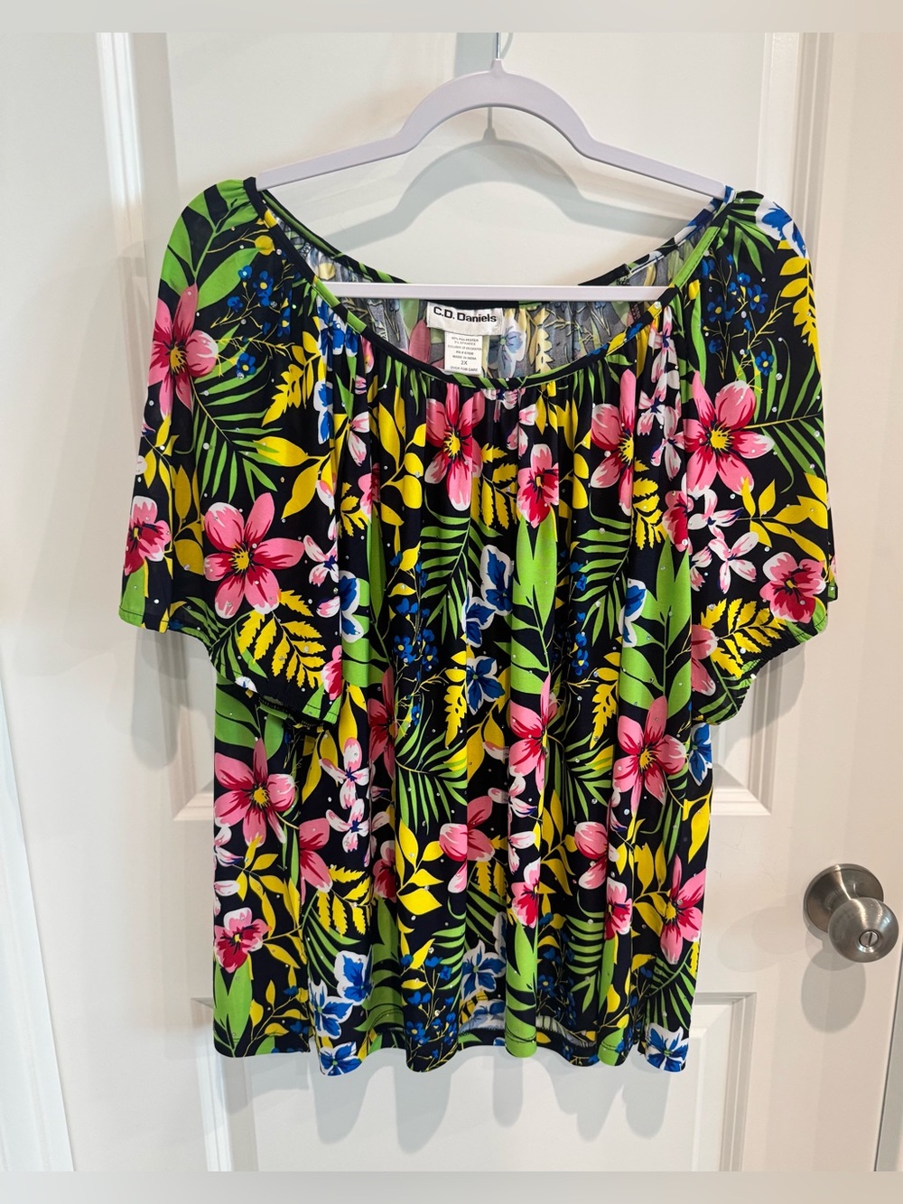 Tropical Floral Print Embellished Top